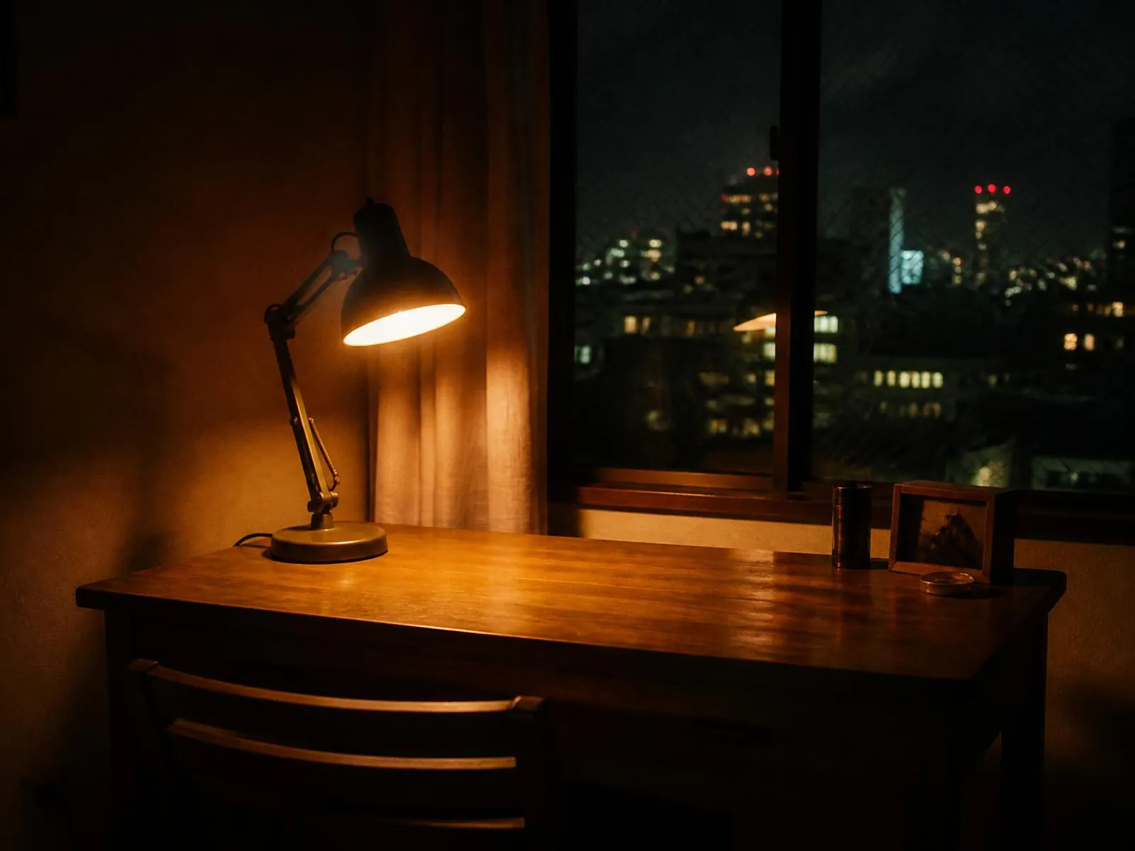 Een bureau met warme lamp in de nacht